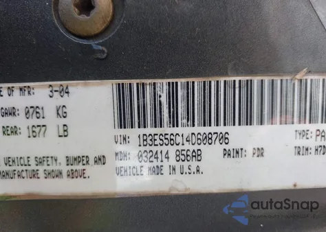 2004 Dodge Neon Sxt from USA, damaged, VIN 1B3ES56C14D608706